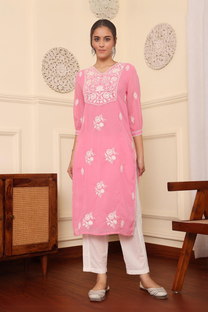 Pink Georgette Embroidered Detailed Straight Kurta