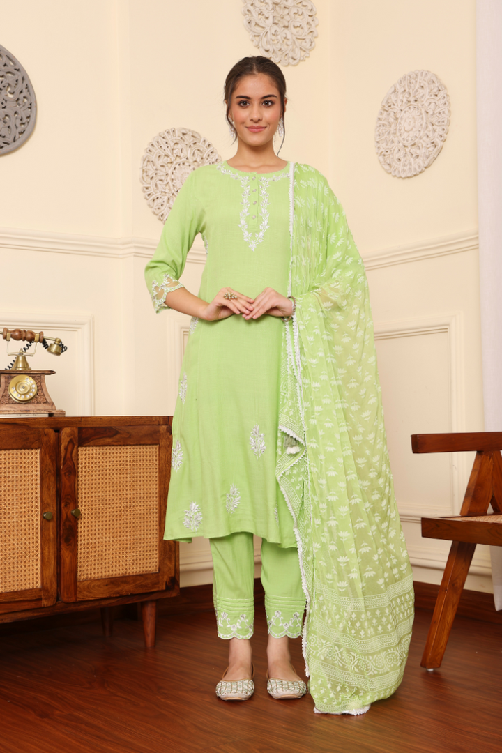 Green Rayon Slub Embroidered Kurta Pant With Dupatta