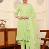 Green Rayon Slub Embroidered Kurta Pant With Dupatta
