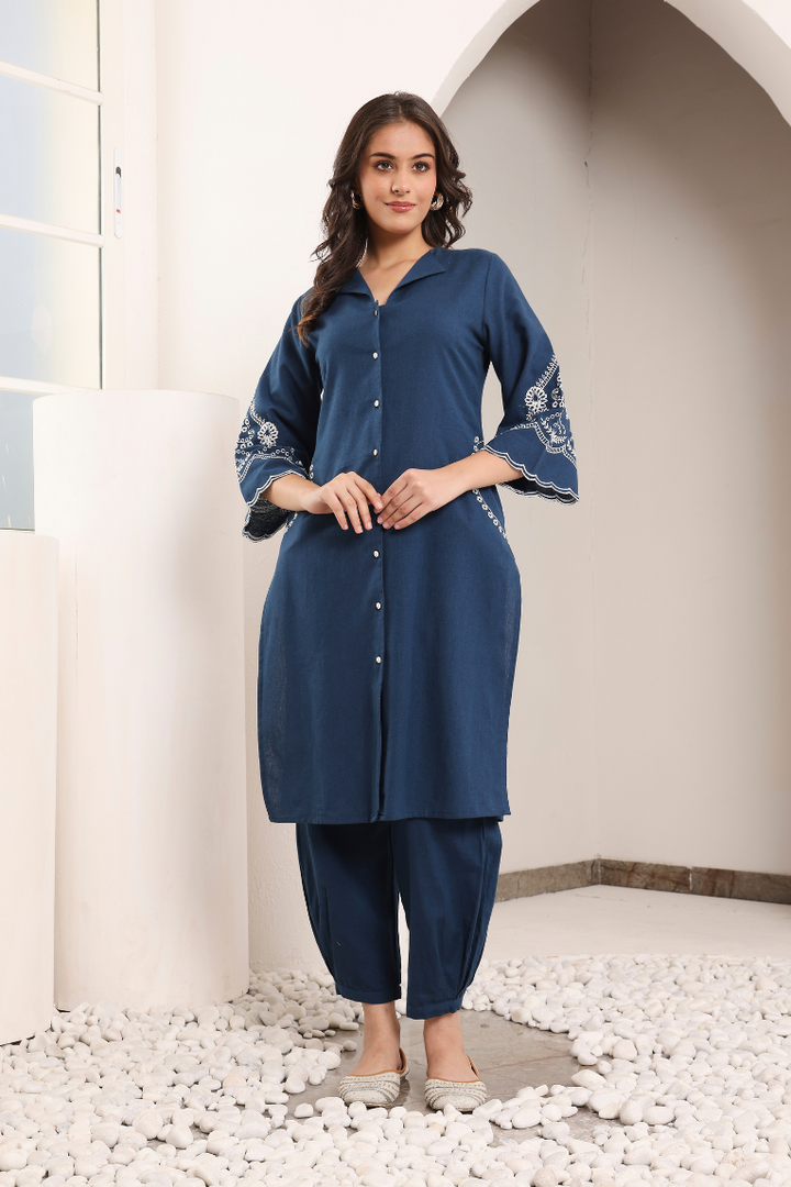 Blue Embroidered Shirt Collar Kurta With Trouser