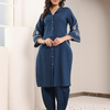 Blue Embroidered Shirt Collar Kurta With Trouser