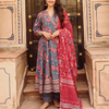 Blue Pure Cotton Floral Print Zari Work Anarkalli Kurta Salwar and Dupatta Set