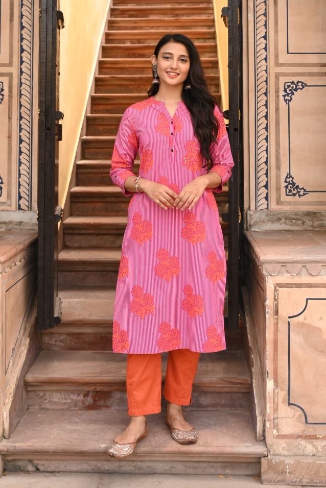 Magenta Cotton Printed Mandarin Collar Kurta Pant Set