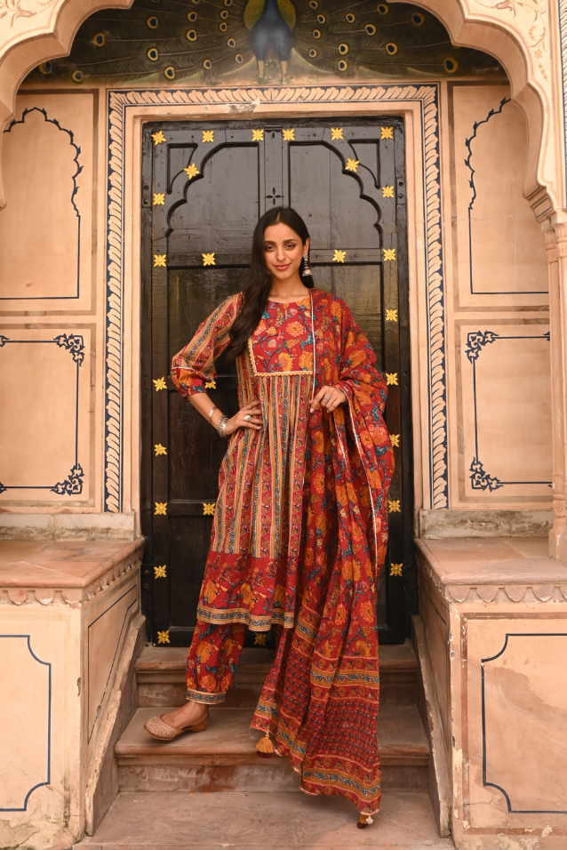 Red Paisley Prented Pure Cotton A-line Kurta