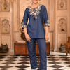 Denim Dark Blue Embroidered Round Neck Top