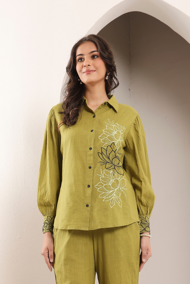 Olive Green Cotton Embroidered Co-Ord Set