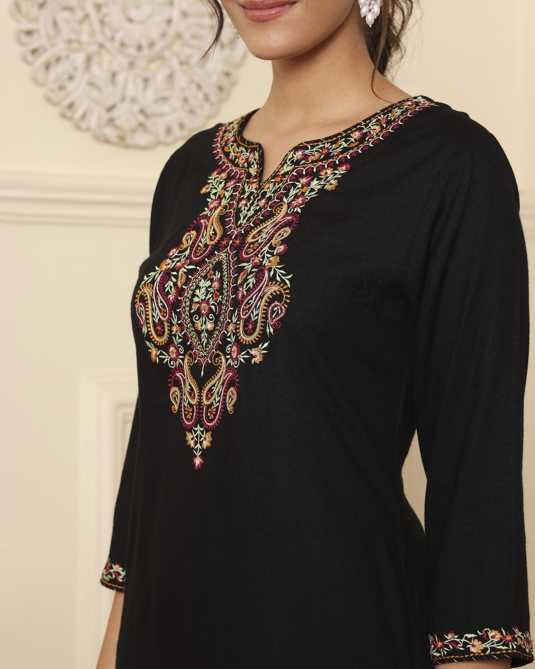 Black Viscose Embroidered Straight Kurta With Trouser