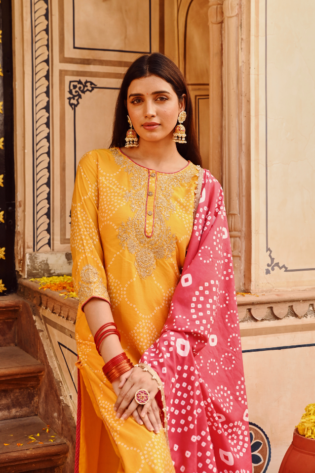 Yellow Chanderi Embroidered Kurta Set With Dupatta