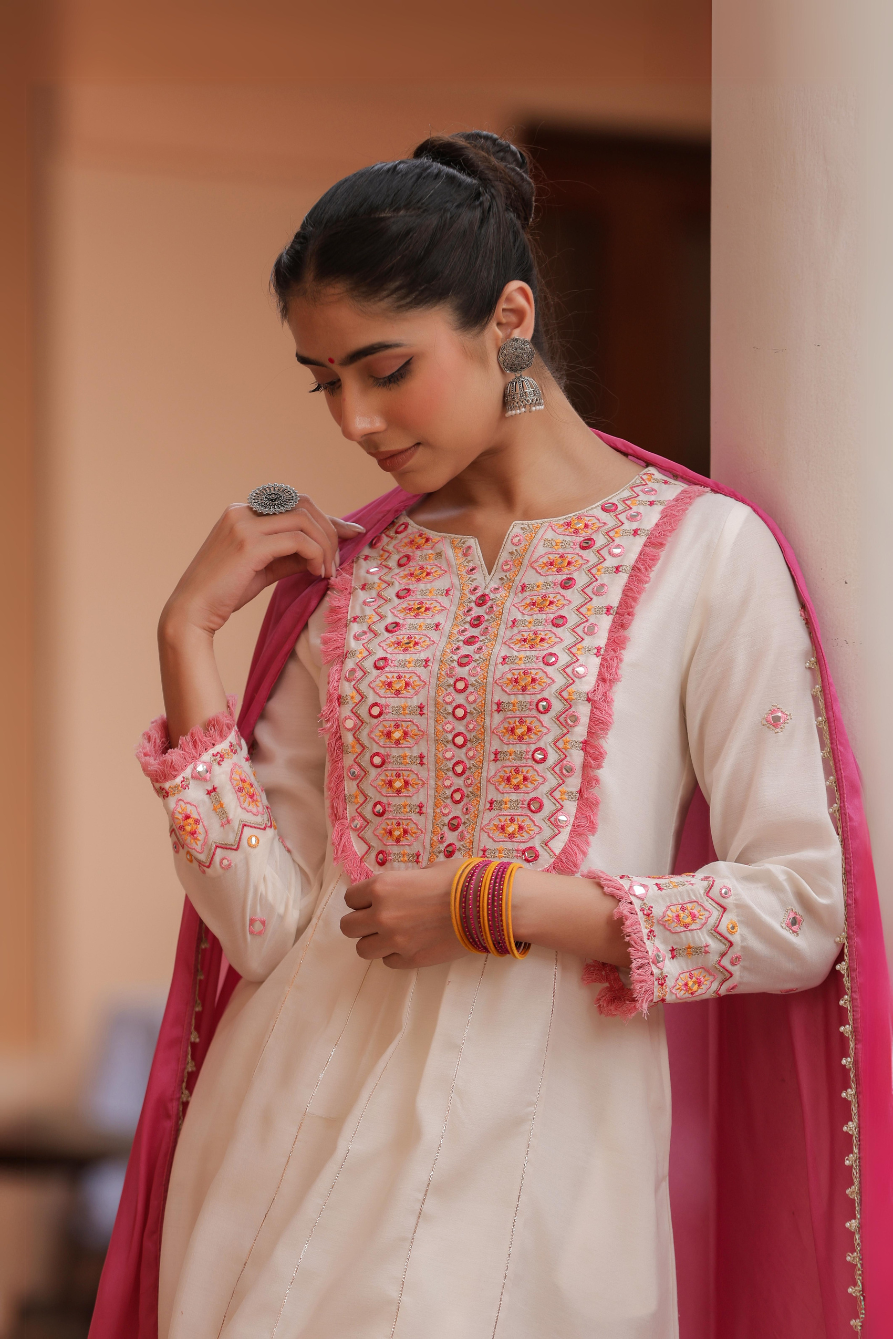 Off White Cotton Embellished Sharara Set