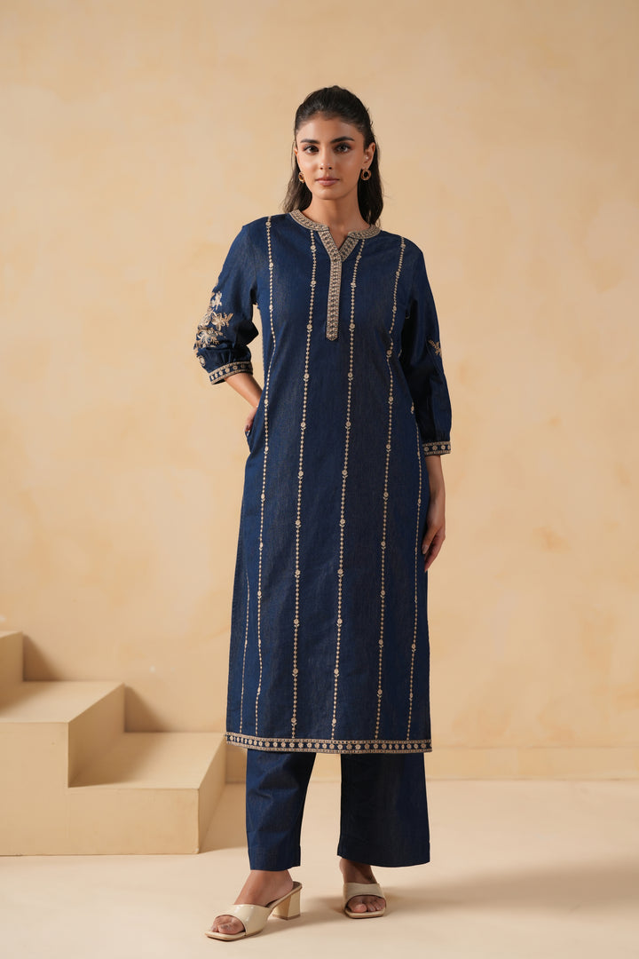 Dark Blue Denim Embroidered Designer Kurta