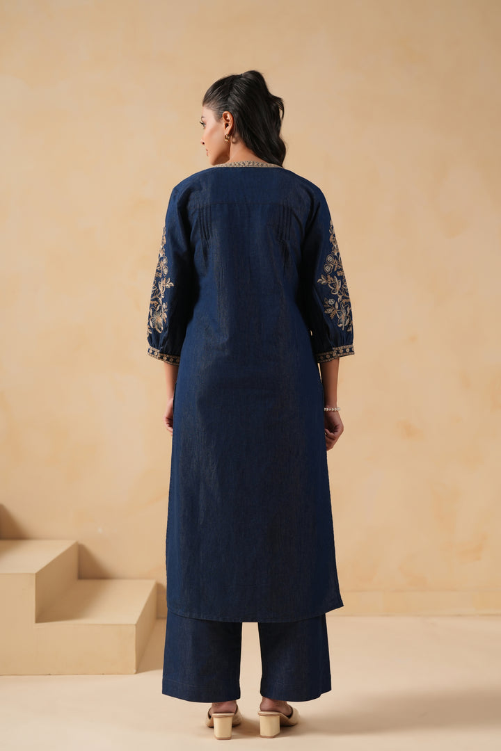 Dark Blue Denim Embroidered Designer Kurta