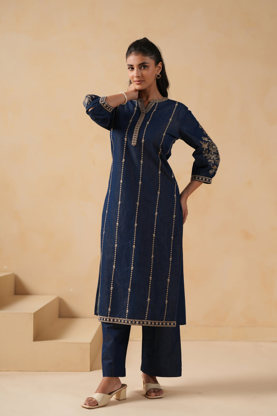 Dark Blue Denim Embroidered Designer Kurta