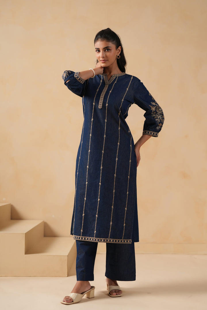 Dark Blue Denim Embroidered Designer Kurta