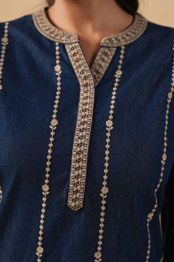 Dark Blue Denim Embroidered Designer Kurta