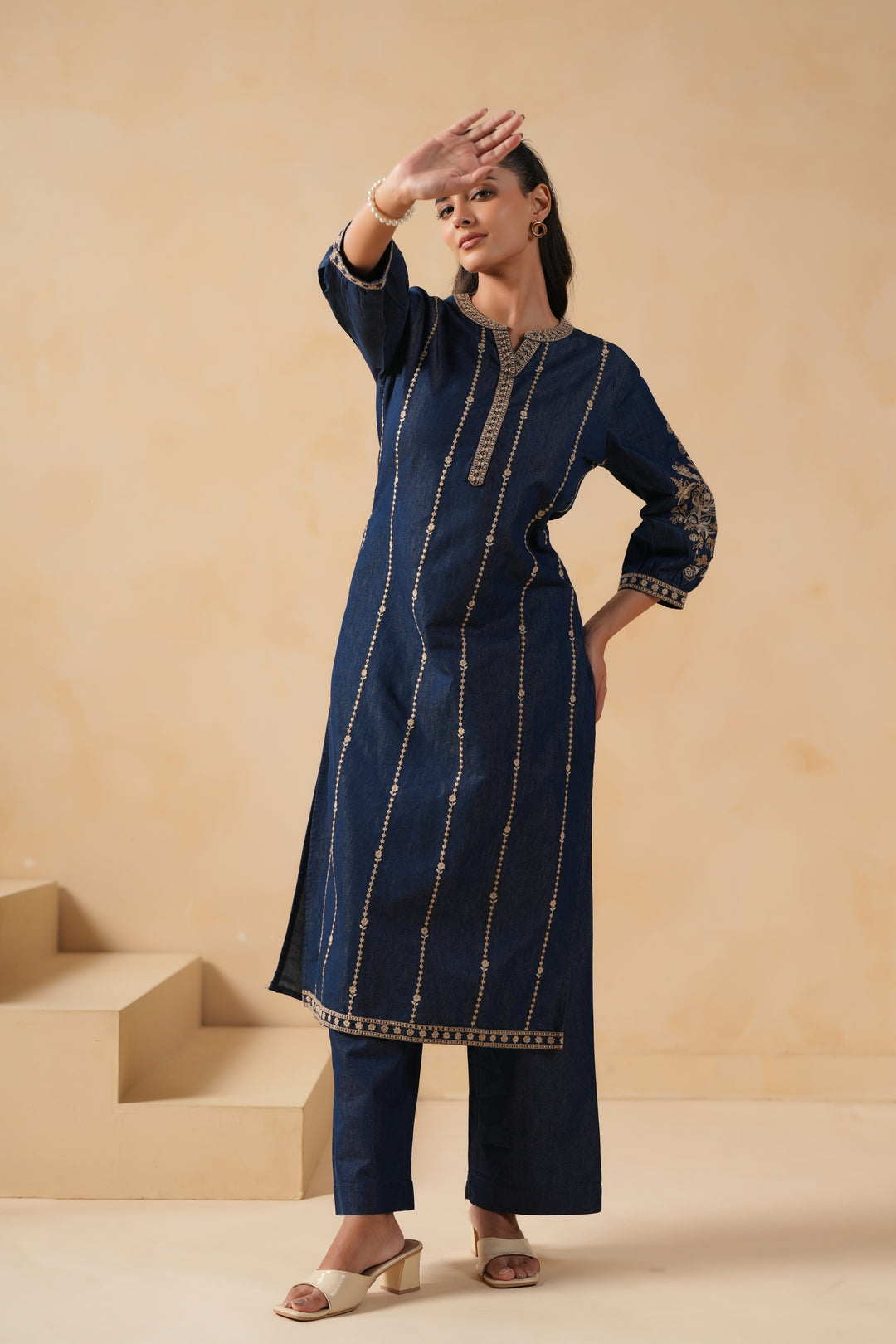 Dark Blue Denim Embroidered Designer Kurta