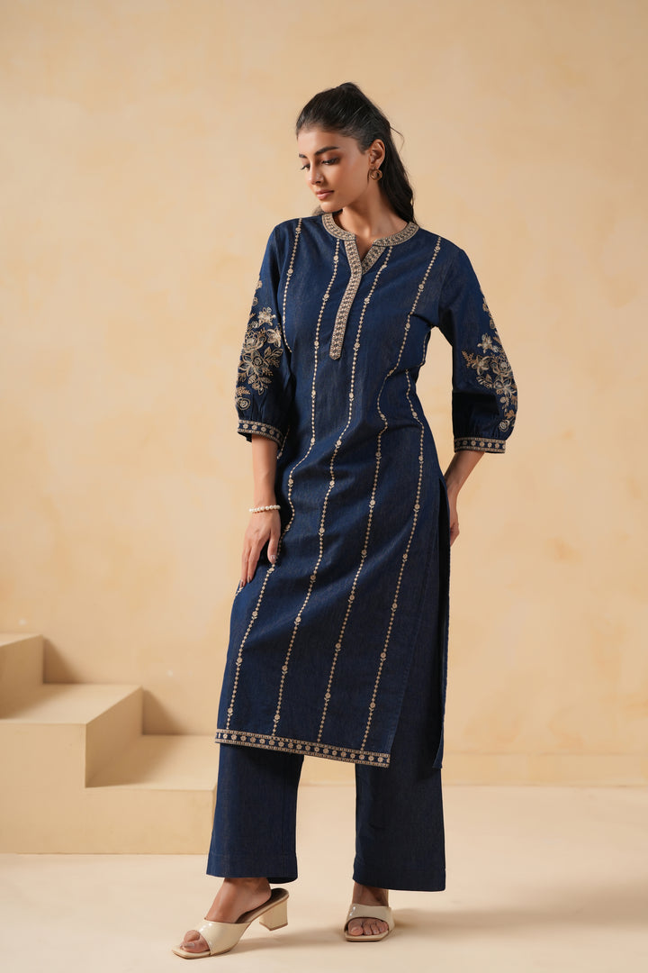 Dark Blue Denim Embroidered Designer Kurta