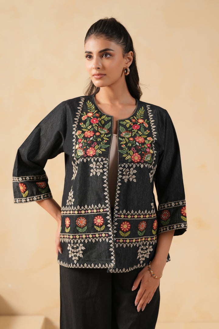 Black Denim Embroidered Designer Jacket