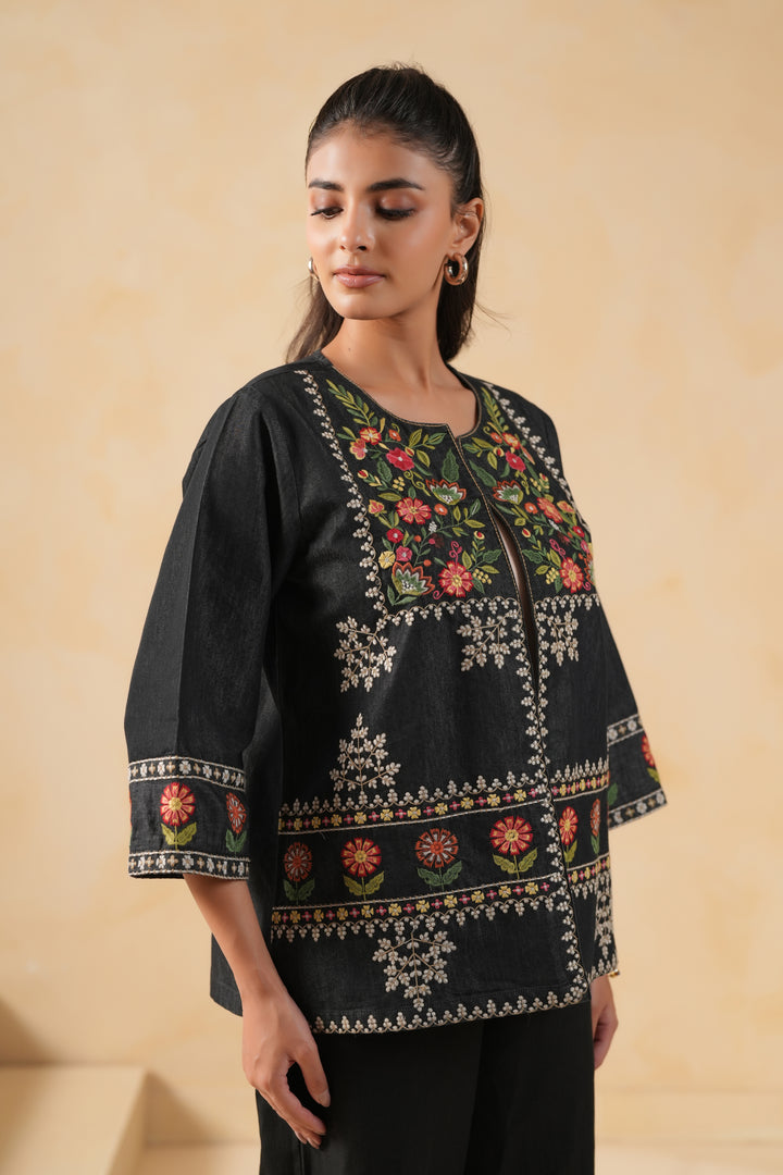 Black Denim Embroidered Designer Jacket