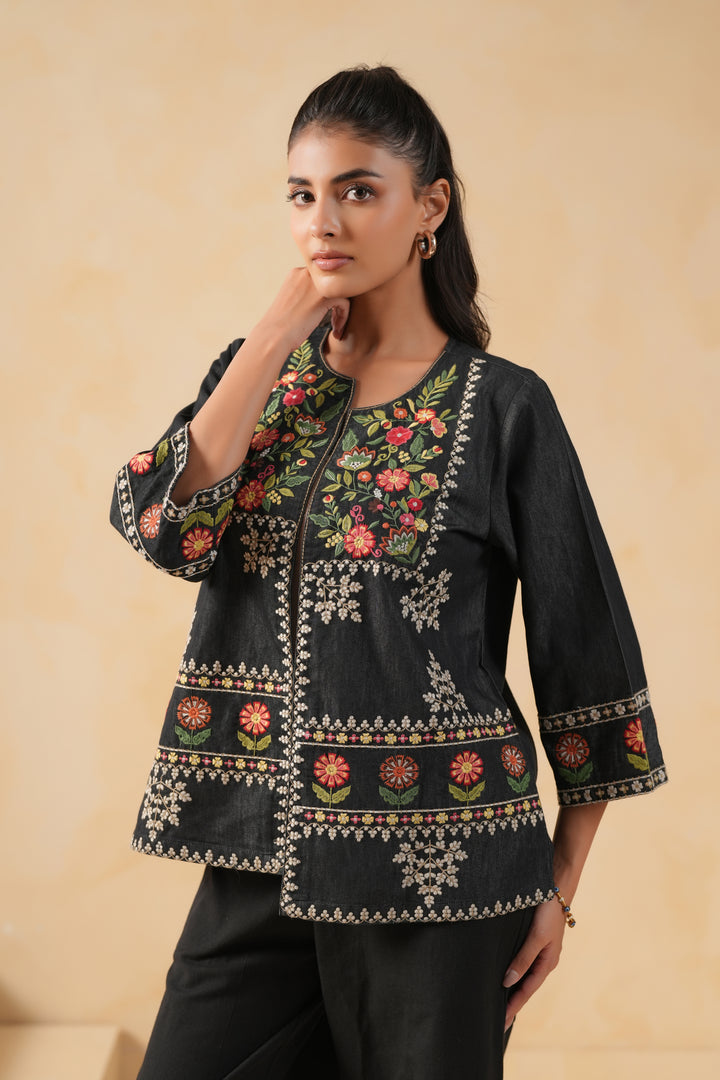 Black Denim Embroidered Designer Jacket