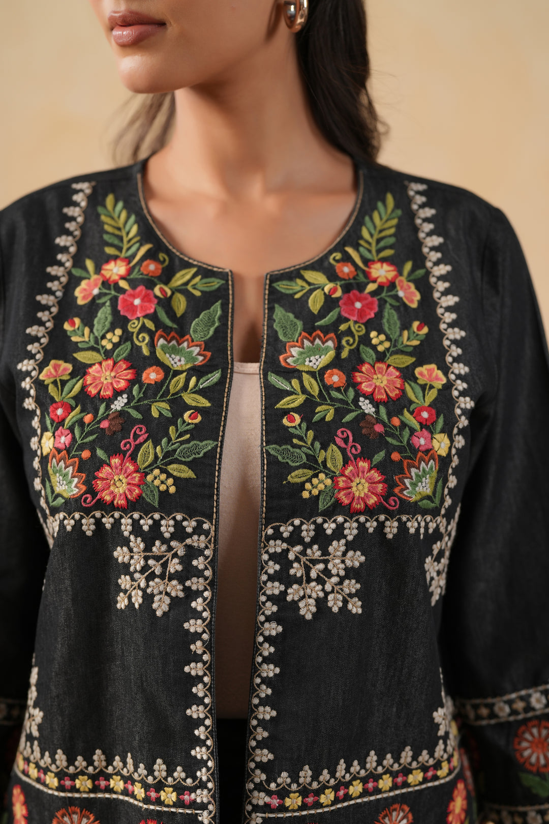 Black Denim Embroidered Designer Jacket