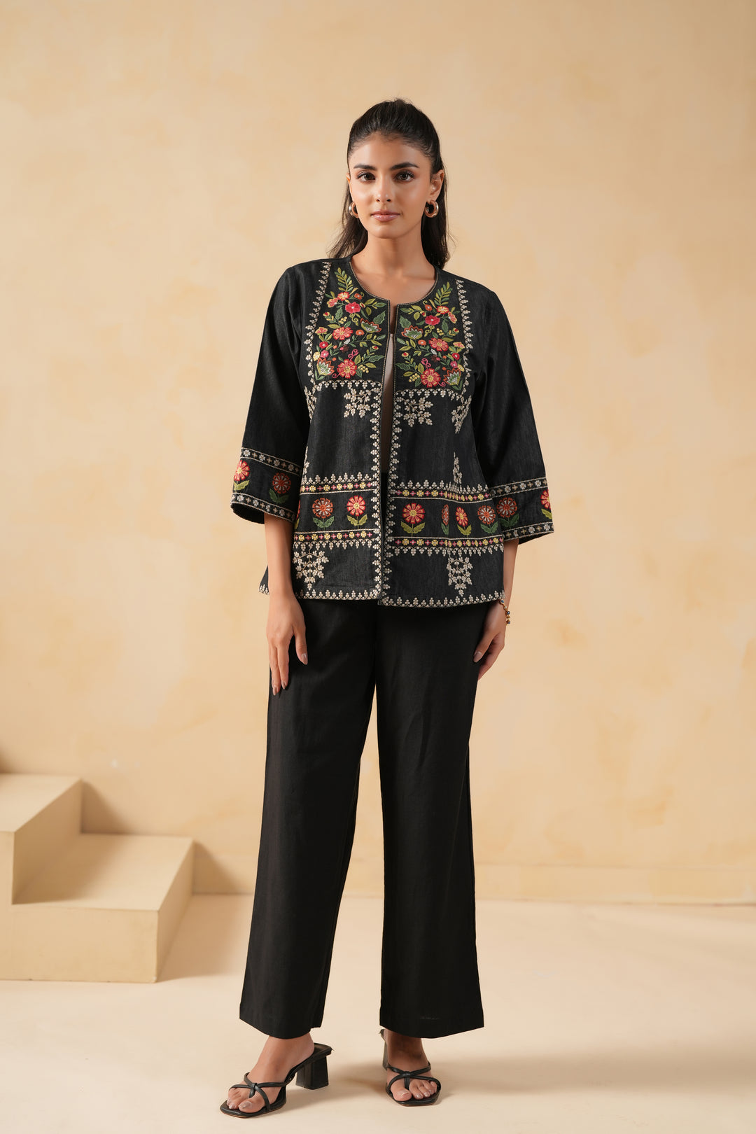 Black Denim Embroidered Designer Jacket