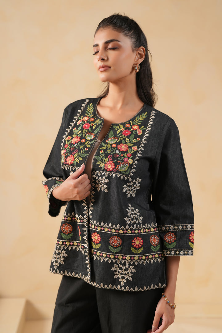 Black Denim Embroidered Designer Jacket