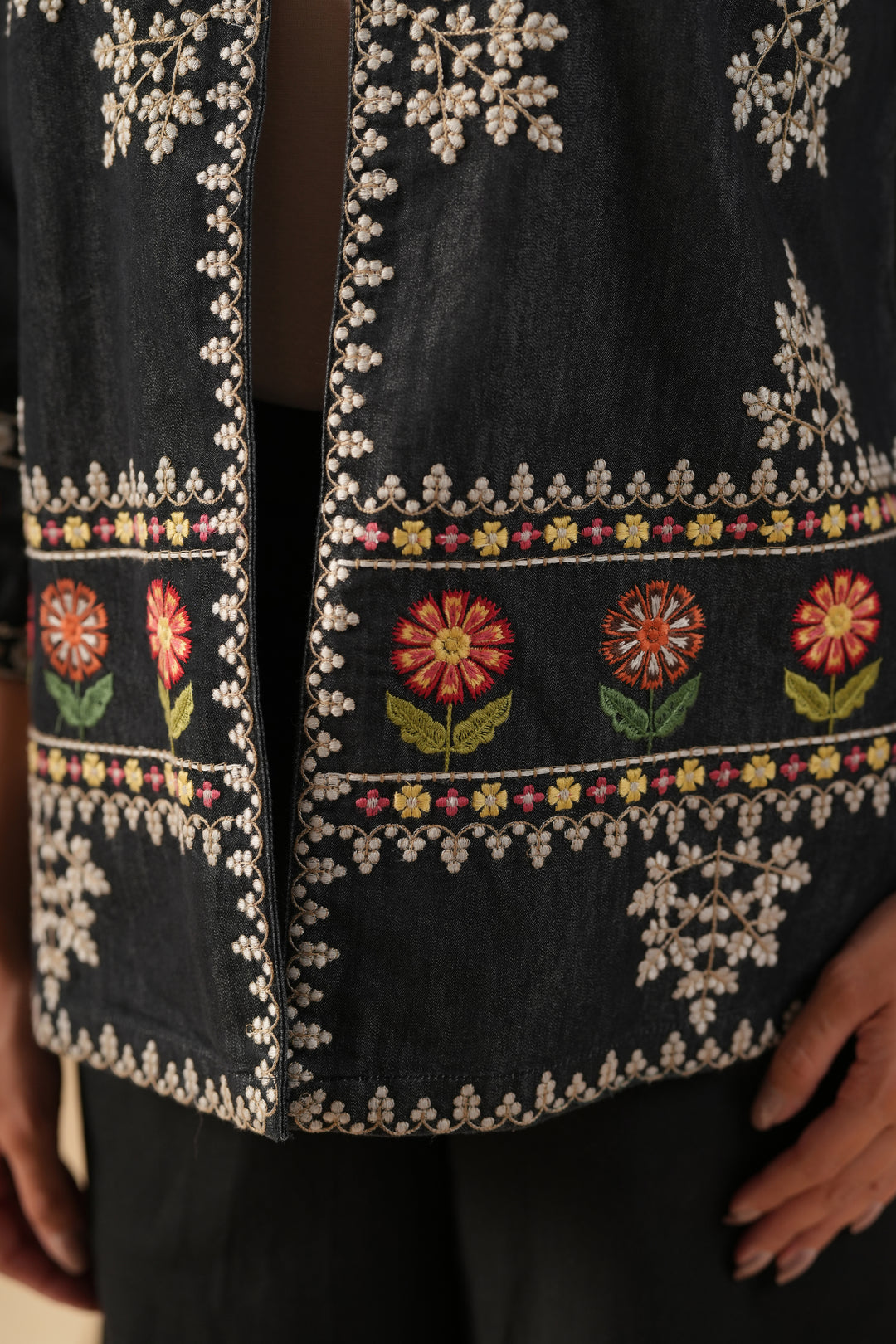 Black Denim Embroidered Designer Jacket