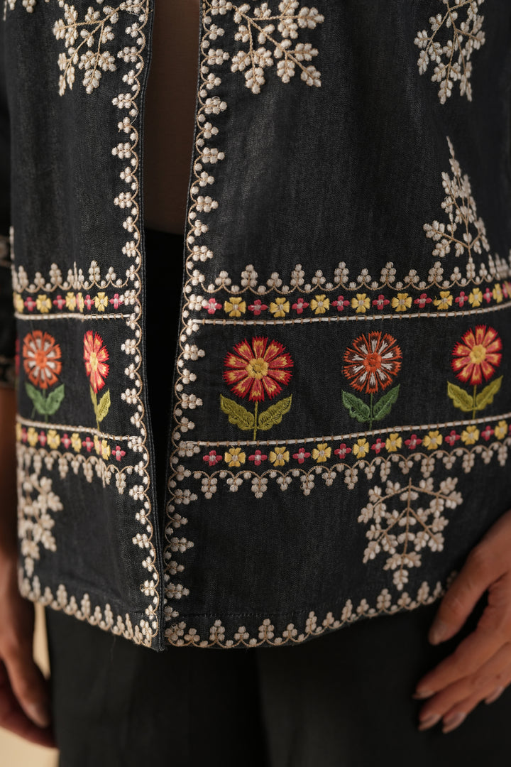 Black Denim Embroidered Designer Jacket