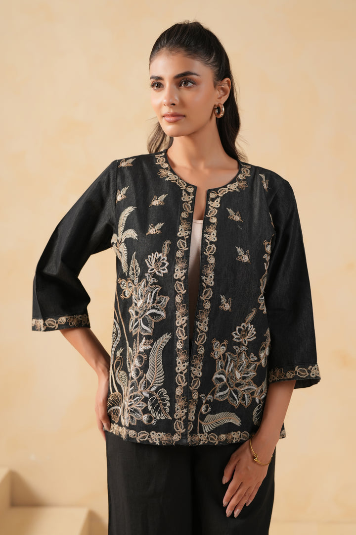 Black Denim Embroidered Designer Jacket
