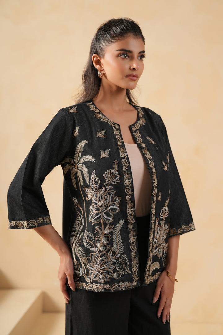 Black Denim Embroidered Designer Jacket