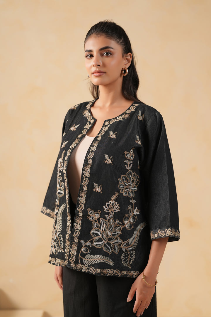 Black Denim Embroidered Designer Jacket