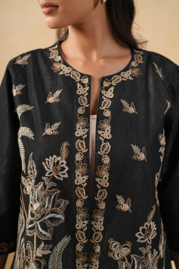 Black Denim Embroidered Designer Jacket