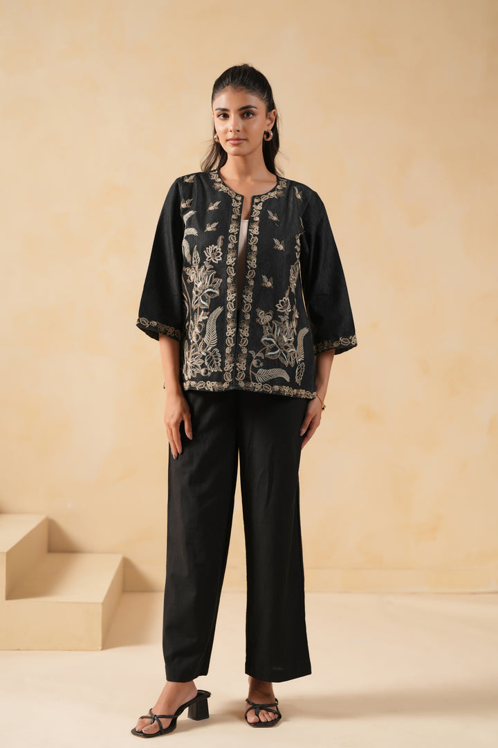 Black Denim Embroidered Designer Jacket