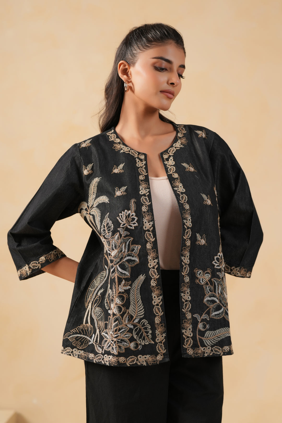 Black Denim Embroidered Designer Jacket