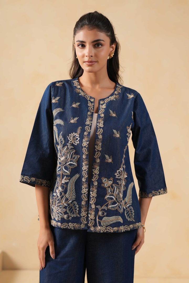 Blue Denim Embroidered Designer Jacket