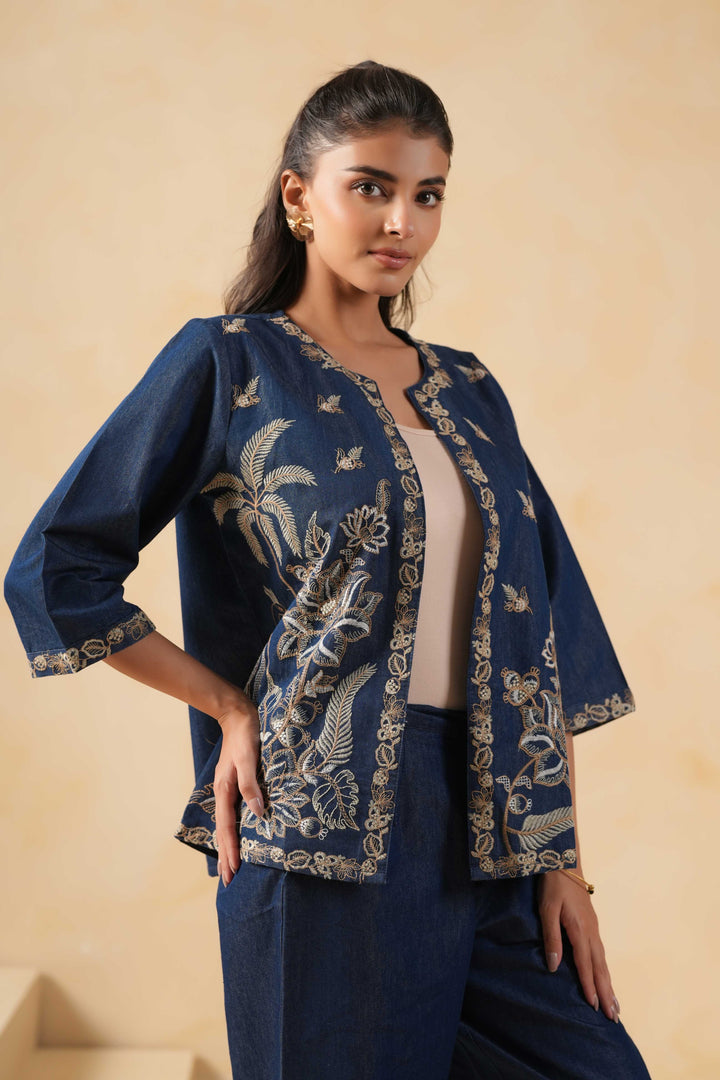 Blue Denim Embroidered Designer Jacket