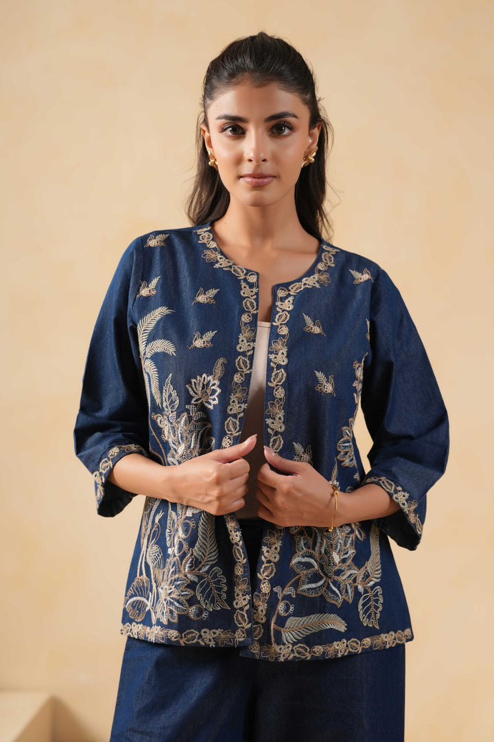 Blue Denim Embroidered Designer Jacket