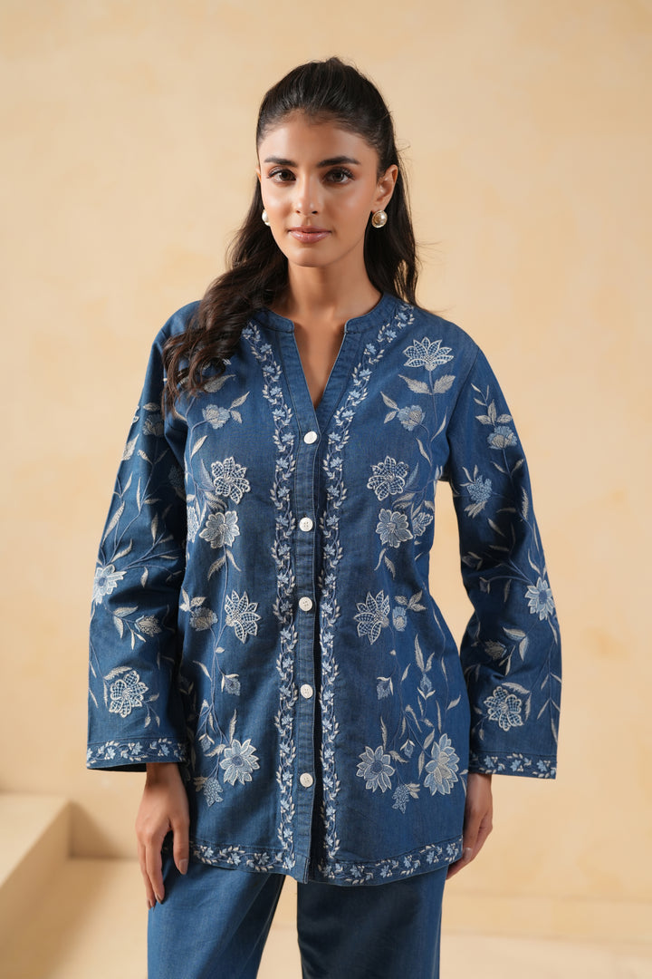 Blue Denim Embroidered Designer Shirt Top