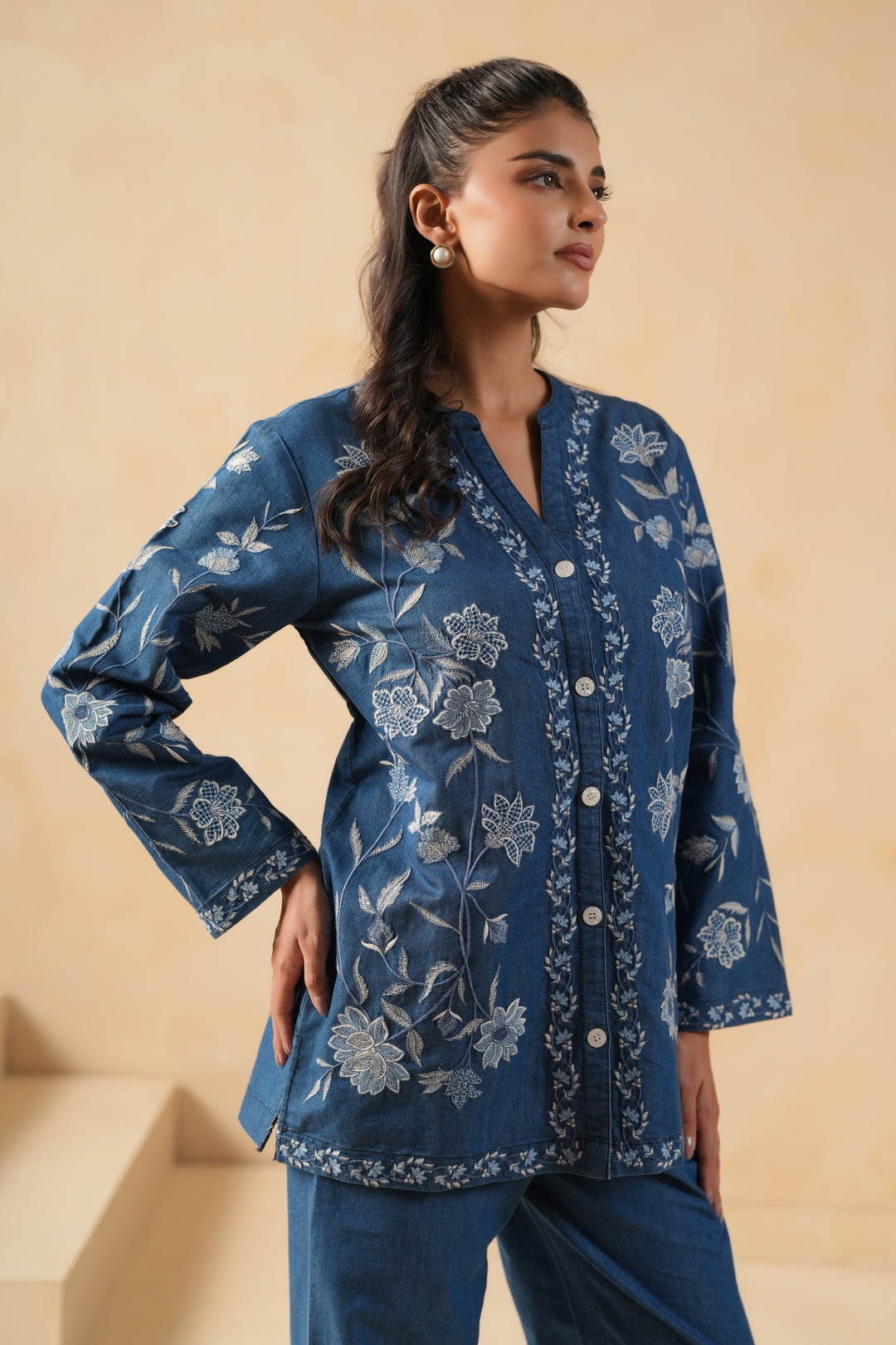 Blue Denim Embroidered Designer Shirt Top