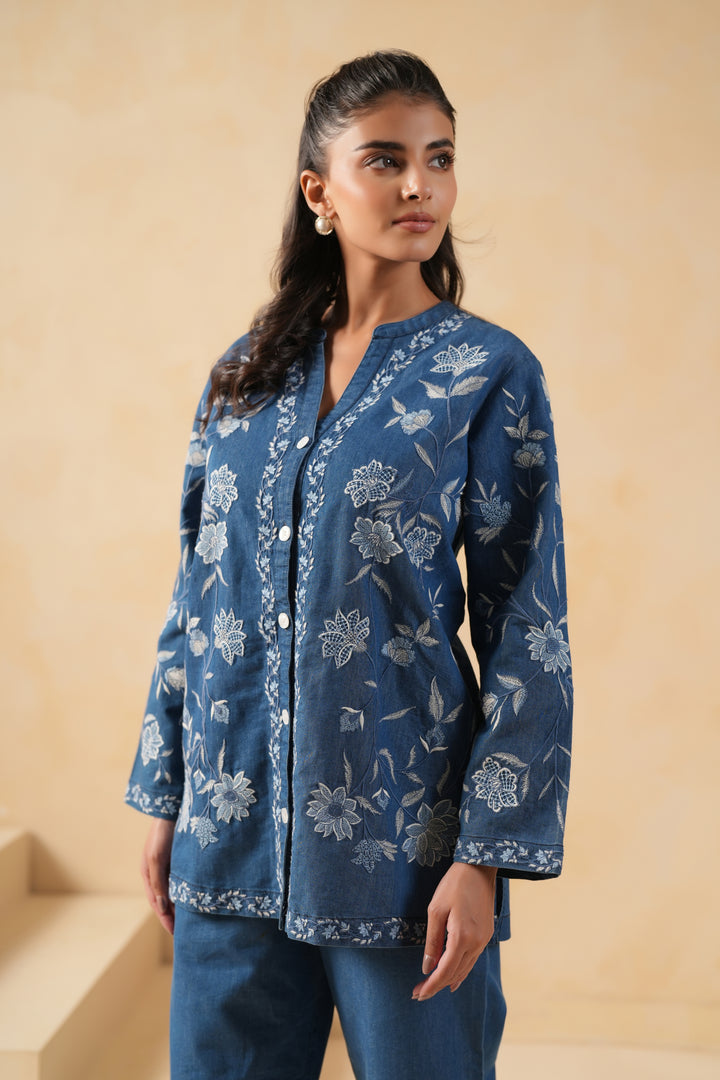 Blue Denim Embroidered Designer Shirt Top