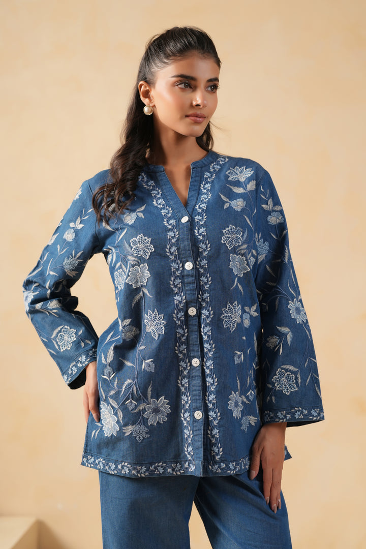 Blue Denim Embroidered Designer Shirt Top