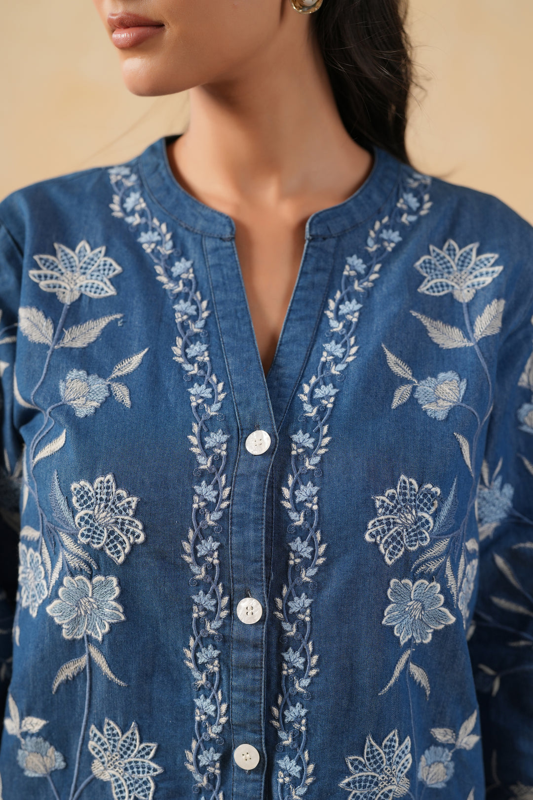 Blue Denim Embroidered Designer Shirt Top