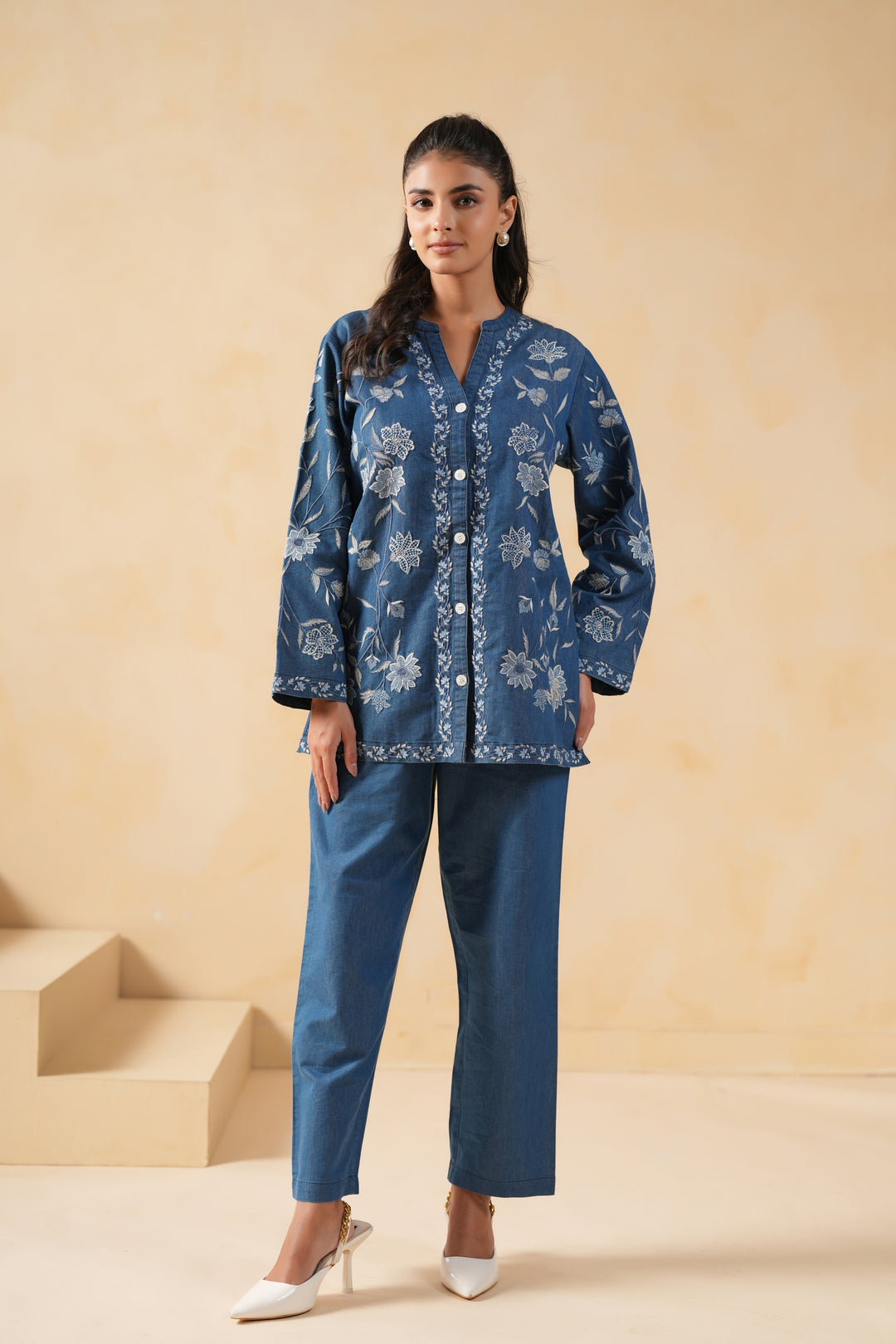 Blue Denim Embroidered Designer Shirt Top