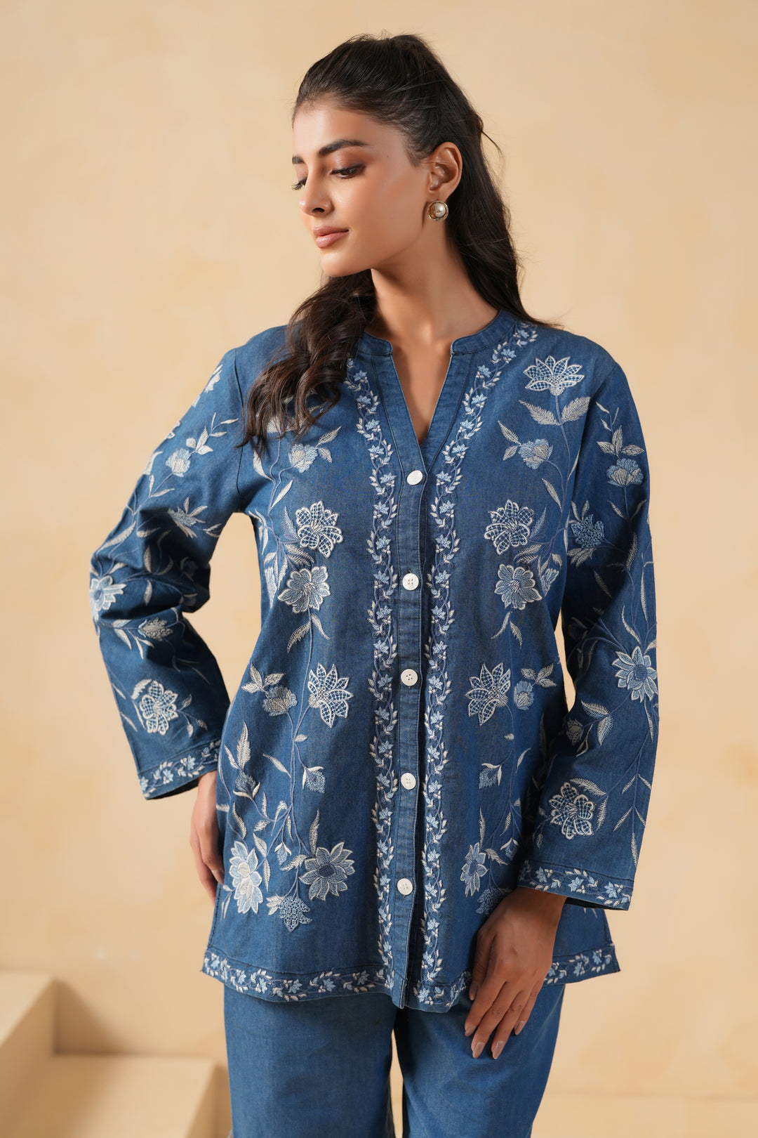 Blue Denim Embroidered Designer Shirt Top