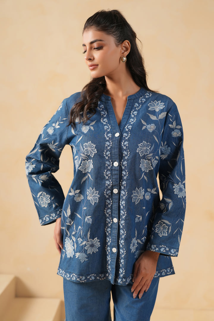 Blue Denim Embroidered Designer Shirt Top