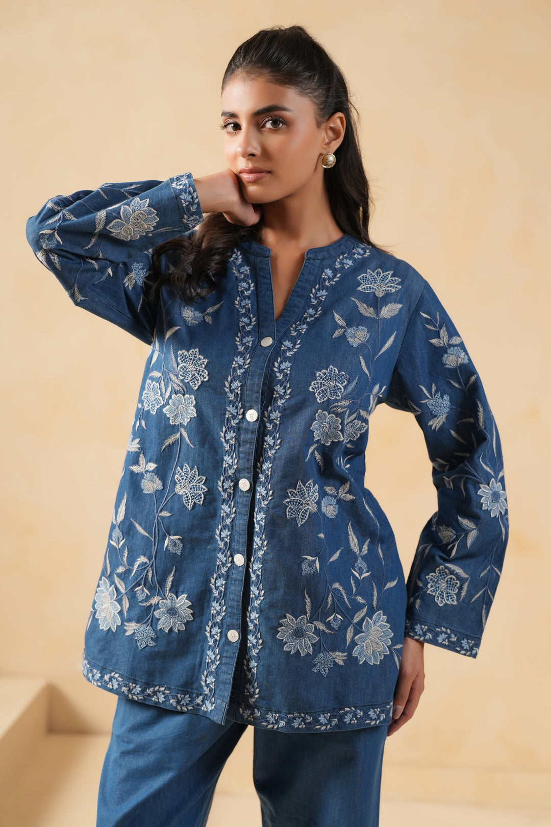 Blue Denim Embroidered Designer Shirt Top