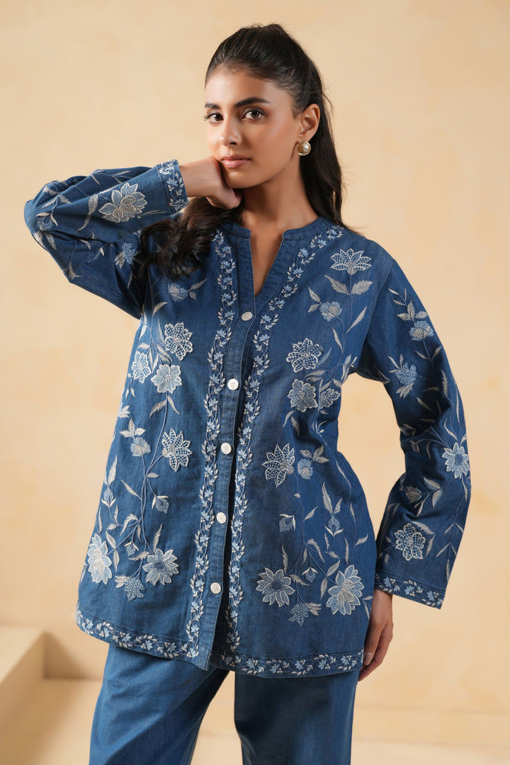 Blue Denim Embroidered Designer Shirt Top