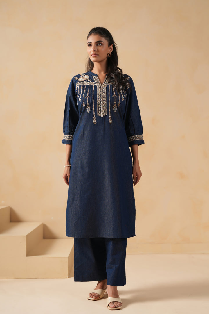 Blue Denim Embroidered Designer Straight Kurta