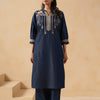 Blue Denim Embroidered Designer Straight Kurta