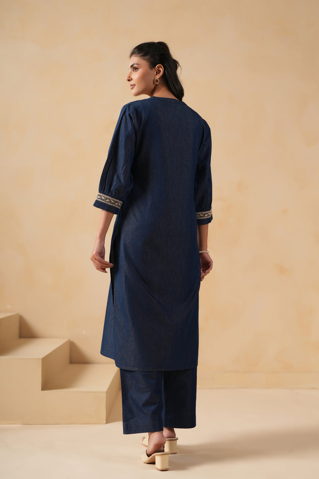 Blue Denim Embroidered Designer Straight Kurta